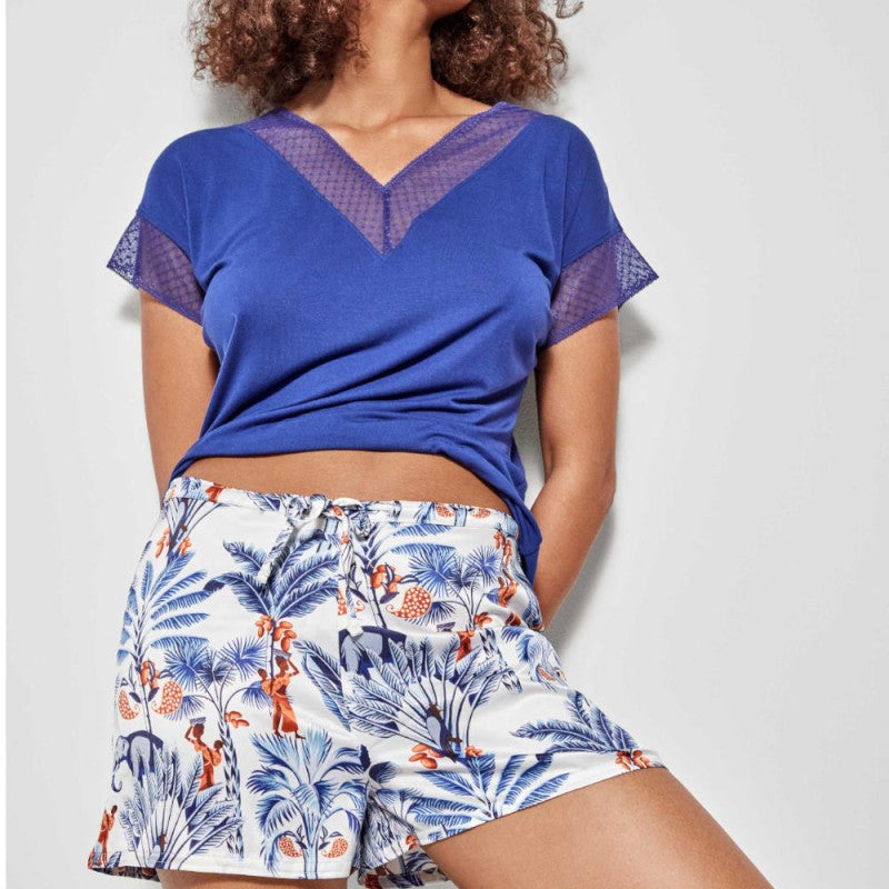 GISELA - 2/20144 - Pigiama donna estivo con maglietta manica corta, pizzo sullo scollo a V e pantaloncino fantasia