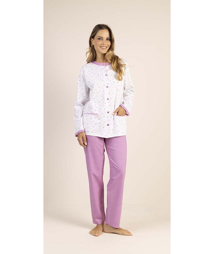 GARY - 5356 FARFALLE - Pigiama donna cotone estivo lungo e giacca con tasche e bottoni