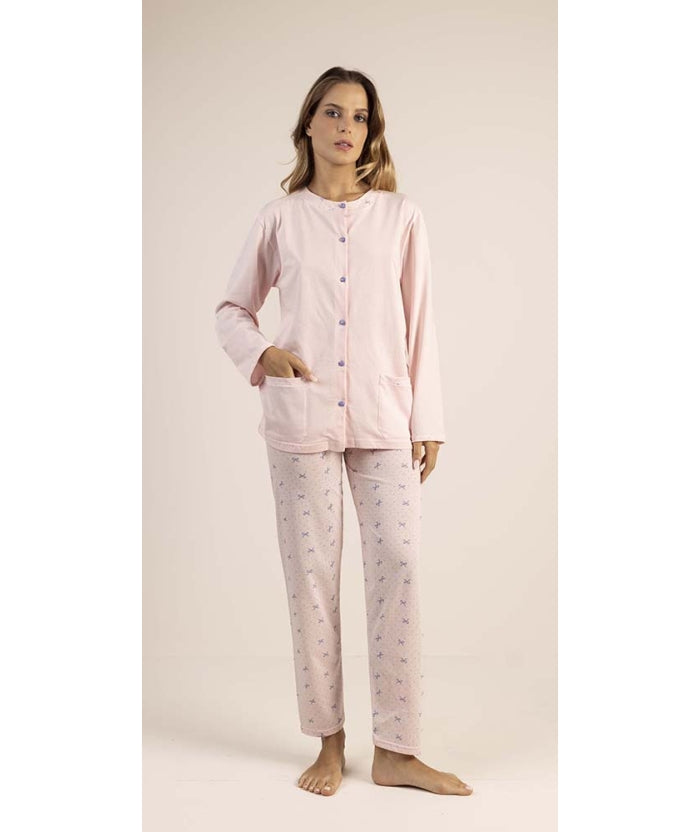 GARY - 5313 FIOCCHETTI - Pigiama cotone lungo donna con giacca abbottonata e manica lunga